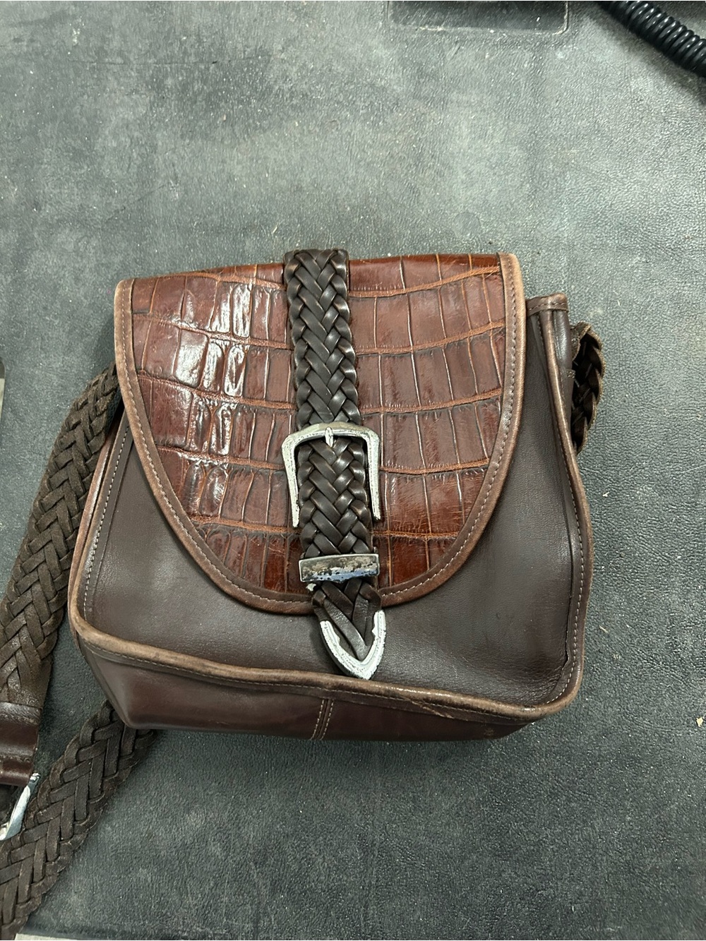 Brighton Brown Braided Leather Messenger with Croc-embossed Flap